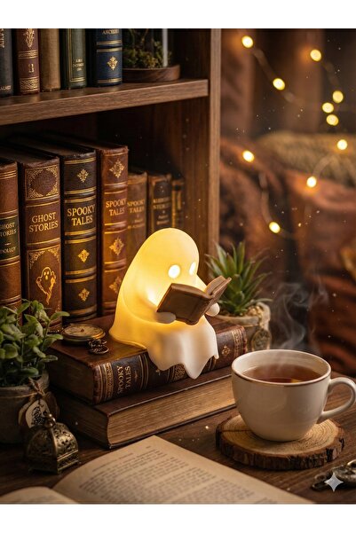 Atsutech Kitap Okuyan Sevimli Hayalet Lamba - Baskı Pilli LED Kitaplık Raf De...