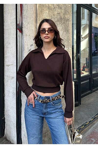 BEJNA Γυναικεία μπλούζα με καφέ γιακά πόλο με υφή Modal