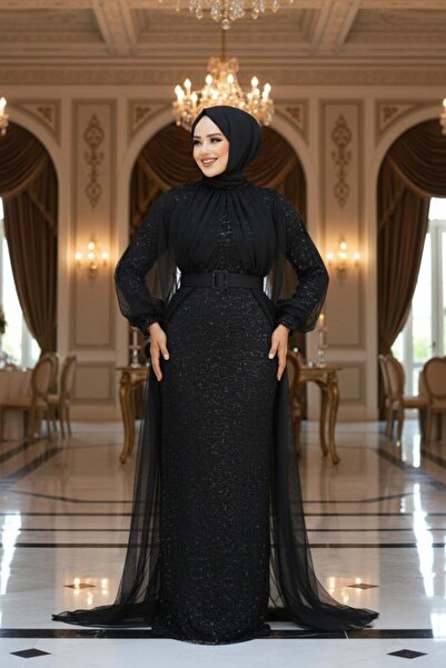 Neva Style Βραδινό φόρεμα με παγιέτες μαύρο χιτζάμπ 5441S