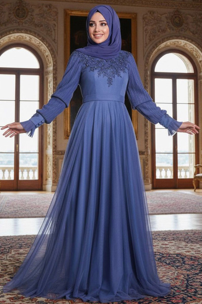 Neva Style Сукня-футляр з індіго-синім принтом та вишивкою бісером 21780IM