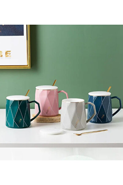 Dörtel Tedarik Modern Ceramic Mug with Geometric Pattern and Gold Spoon and Lid
