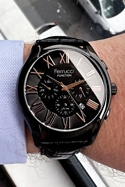 Ferrucci Function Erkek Kol Saati 3 Atm Su Geçirmez Siyah Deri Kordon + Hediye Bileklik FRE2046C1