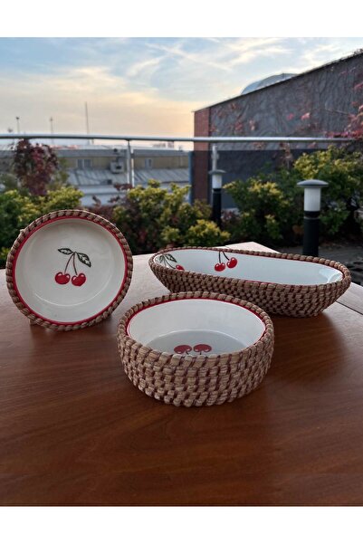 Home Inn Home Textile Cherry Patterned Wicker Look 3-Piece Presentation Set – Natural and Decorative Presentation Set – Red Color