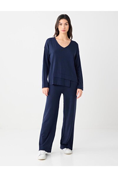 Jimmy Key Pulover tricotat cu mânecă lungă și decolteu în V bleumarin