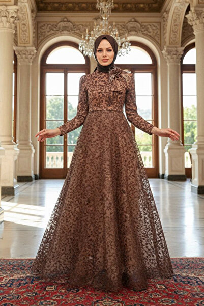Neva Style Lace Brown Hijab Evening Dress 22421Kh