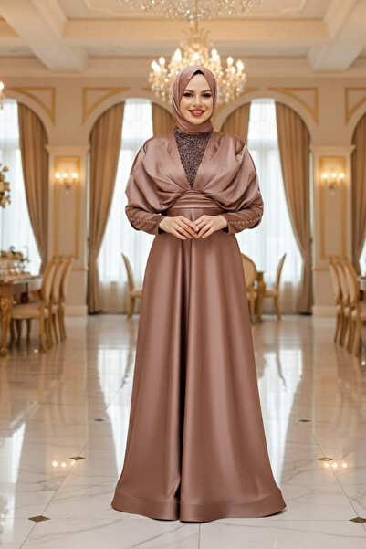 Neva Style Boncuk İşlemeli Vizon Tesettür Abiye Elbise 22451V