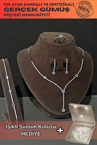 OSMANLI GÜMÜŞ Venüs Zümrüt Taşlı Gümüş Su Yolu Set - Kolye, Bileklik, Küpe, Y...