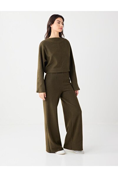 Jimmy Key Πλεκτό παντελόνι με φαρδιά πόδια με απαλή υφή χακί μελανζέ