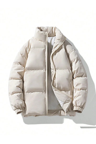 Richarlison Erkek Taş Rengi Astarlı Slimfit Su ve Rüzgar Geçirmez Dik Yaka Şişme Mont