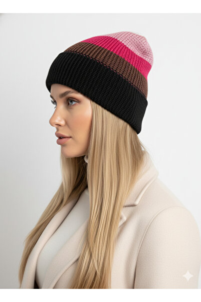 drt tasarım قبعة نسائية مزدوجة الطبقات - لون أسود وسميك مخطط DRT-BEAN-0065