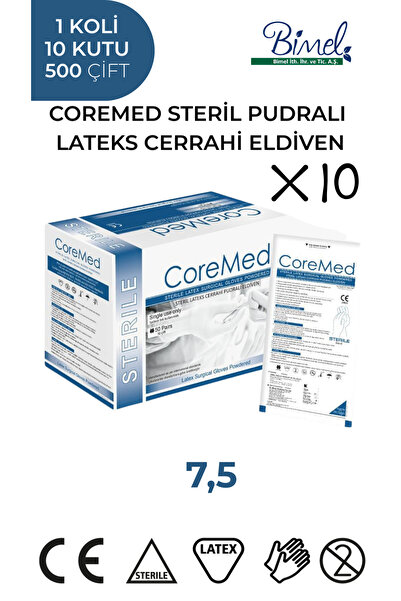 COREMED STERİL CERRAHİ LATEKS PUDRALI ELDİVEN 7,5 BEDEN 1 Koli-10 Paket-500 Çift