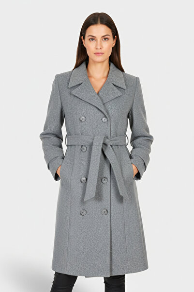 Soydan Güner Kruvaze Kuşaklı Kulplu Kesim Kaban Koyu Gri 6610