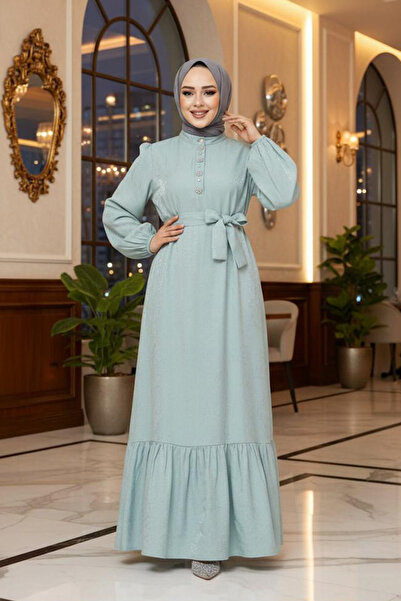 Neva Style Stone Detailed Mint Hijab Jacquard Dress 23891Mint