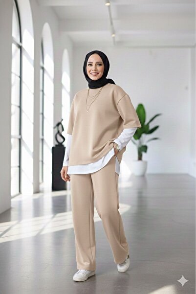 onlymoon Γυναικείο Σετ 3 τεμαχίων ♦ Ύφασμα καταδύσεων ♦ Μπεζ ♦ Παντελόνι με ψηλή μέση και φαρδιά πόδια ♦ Καθημερινό κομψό συνδυασμό