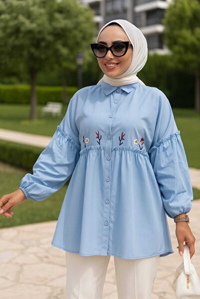 Neva Style Embroidery Patterned Baby Blue Hijab Tunic 40603Bm