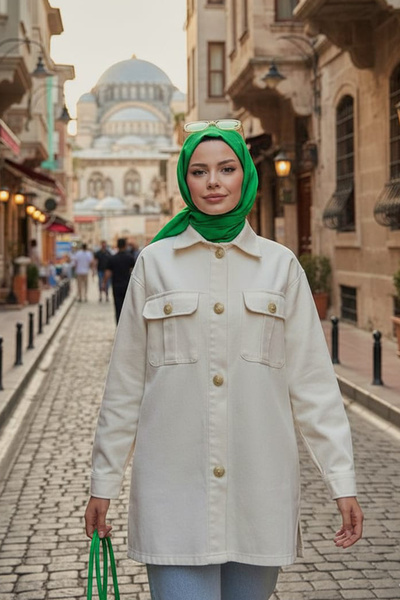 Neva Style Κρεμ Μπουφάν Τσόκερ με κουμπιά 9255KR