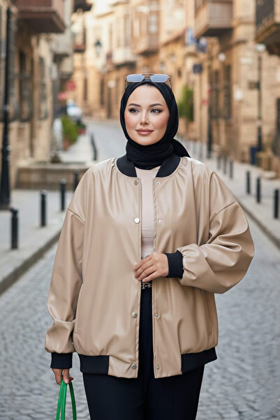 Neva Style Buttoned Beige Hijab Leather Jacket 9264BEIGE
