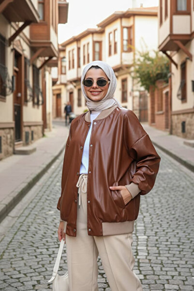 Neva Style Buttoned Tan Hijab Leather Jacket 9264TB