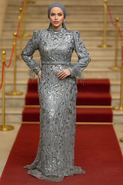 Neva Style Bead Embroidered Gray Hijab Evening Dress 23421GR