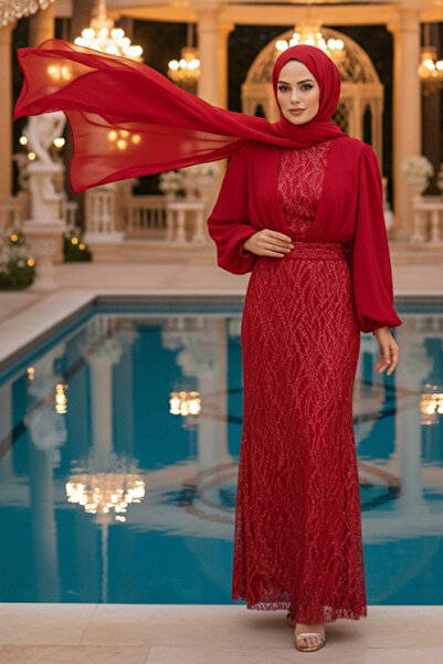 Neva Style Βραδινό φόρεμα με κεντημένη παγιέτα κόκκινο χιτζάμπ 22213K