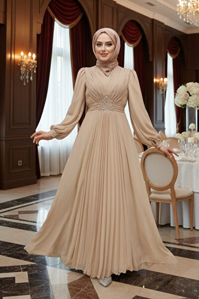 Neva Style Draped Detail Biscuit Hijab Evening Dress 4448Bs