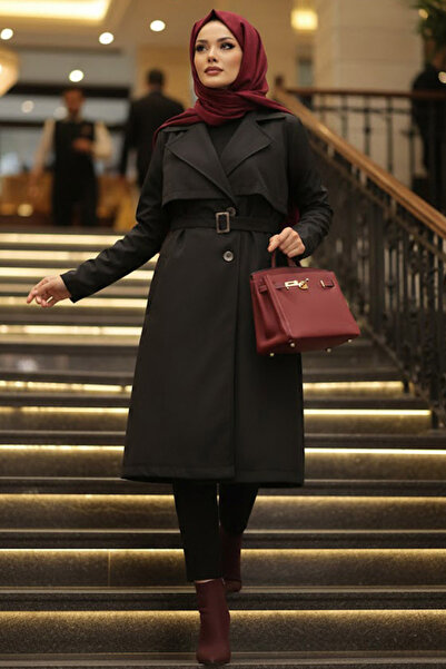 Neva Style Μαύρο Τζάκετ Τζαμπάντζο με Ζώνη με Κούμπες 59371S