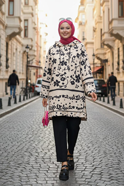 Neva Style Hooded Patterned Black Hijab Double Suit 9296S