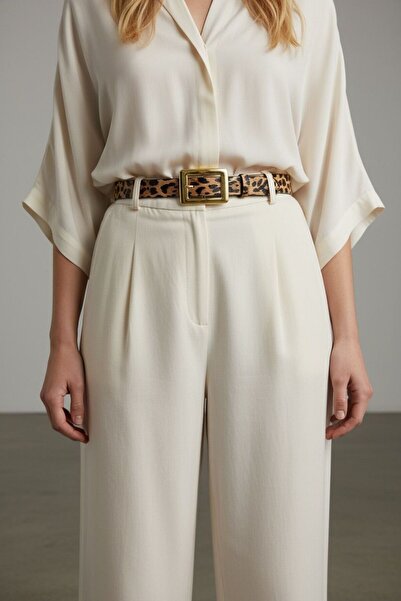 Kemerix Women's Leopard Detailed Gold Buckle Belt