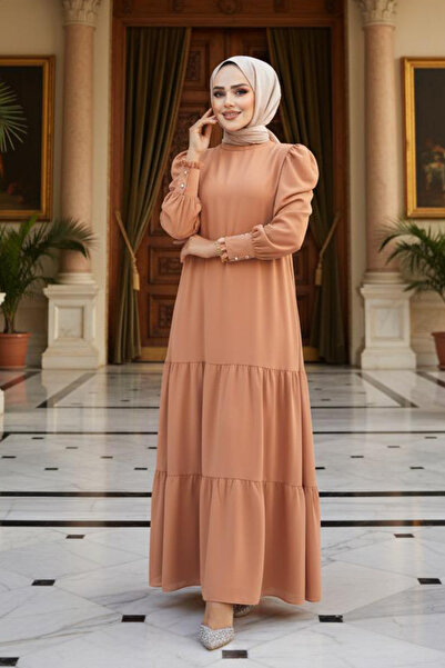 Neva Style Layered Pleated Biscuit Hijab Dress 5883BS