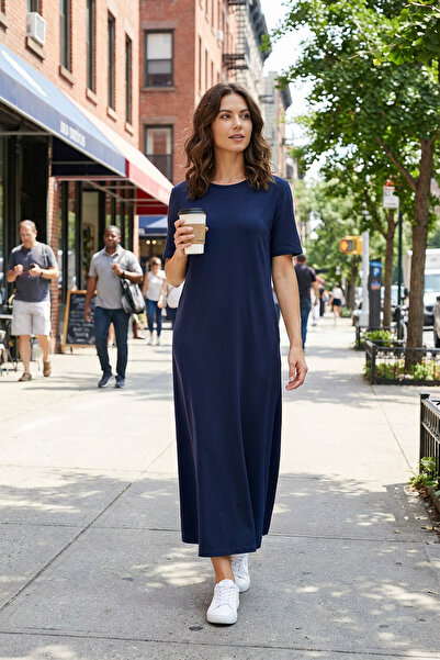 Almila 2029 Model Women's Maxi Combed Cotton Dress - Short Sleeve