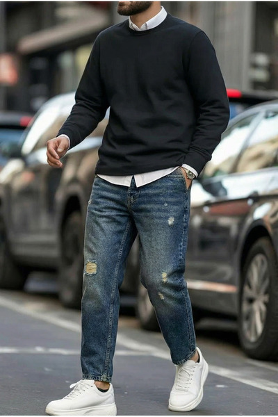 MADZEYMODA Джинсова тканина Чоловічі сині джинси Boyfriend з розрізами Mz599