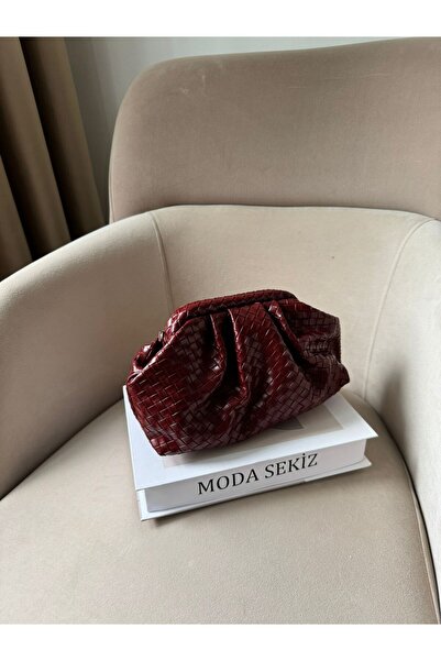 Moda Sekiz Women's Burgundy Patterned Magnet Closure Scholarship Knitted Pattern Handbag and Crossbody Shoulder Bag