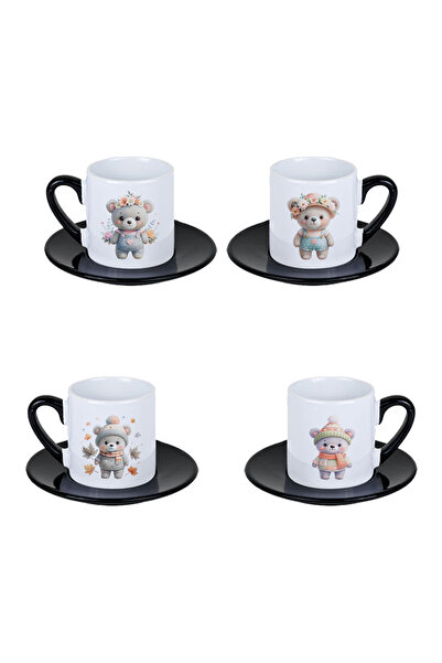 giftkonsept Four Seasons Cute Bears Printed Black Set of 4 Porcelain Turkish ...