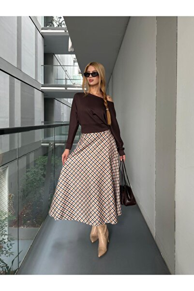 Angel Mia Plaid Patterned Suede Midi Skirt Beige