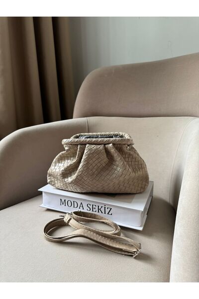 Moda Sekiz Women's Cream Patterned Magnet Closure Scholarship Knitted Pattern Handbag and Crossbody Shoulder Bag