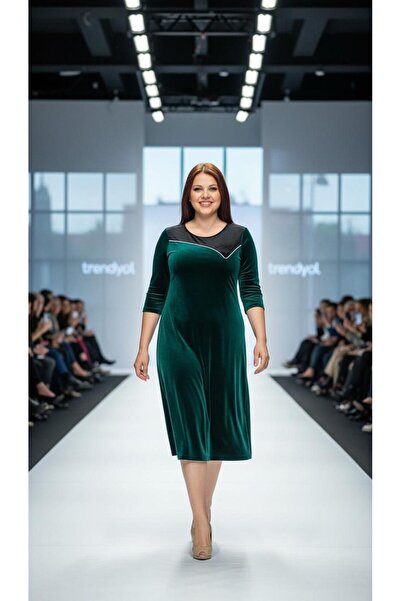 Nidya Moda Kadın Yeşil Taş Şerit Kadife Abiye Elbise 4073Y