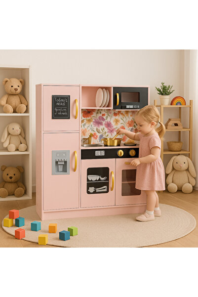 ideal STORE Bucătărie din lemn pentru copii, complet utilată cu lumini, 80x80x24 cm, roz