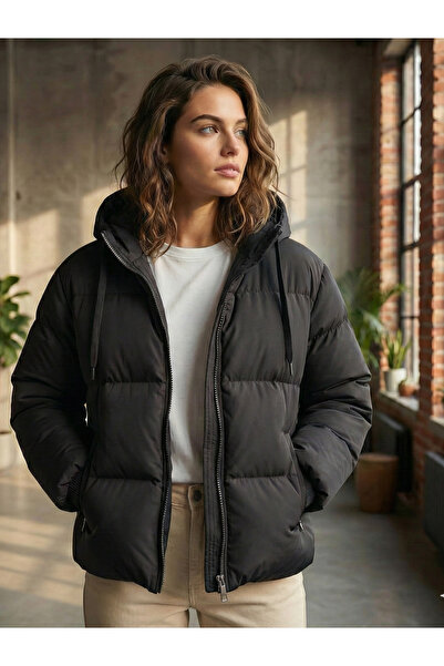 QETEENN Palton puf cu glugă pentru femei