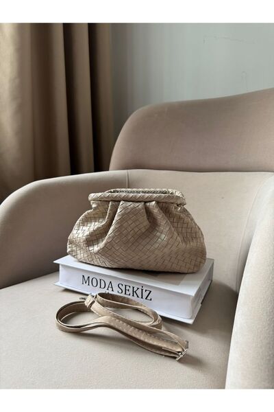 Moda Sekiz Women's Cream Patterned Magnet Closure Scholarship Knitted Pattern Handbag and Crossbody Shoulder Bag