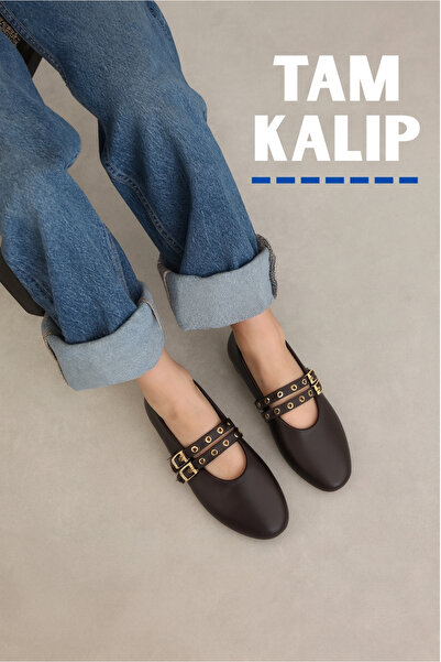 moon glow Γυναικείες μπαλαρίνες Bitter Brown Ballerina Studded Double Buckle | Καθημερινή άνετη επίπεδη σόλα Mary Jane Fashion