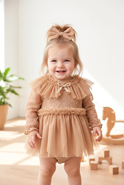 aysskids CORA Romper Tütülü Özel Gün Uzun Kollu Kız Bebek Elbise