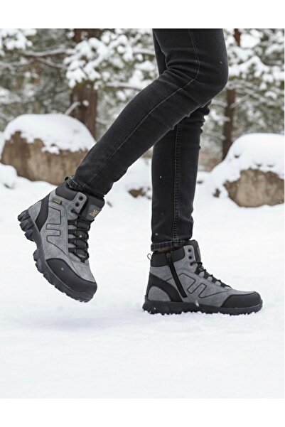 Budaks Ανδρικές μπότες με φλις αντιολισθητική θερμοσόλα, χειμερινές μπότες πεζοπορίας με κορδόνια και φερμουάρ