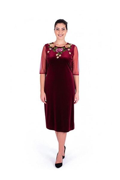 Nidya Moda Büyük Beden Tül Kol Çiçek Yakalı Bordo Kadife Abiye Elbise 4125b