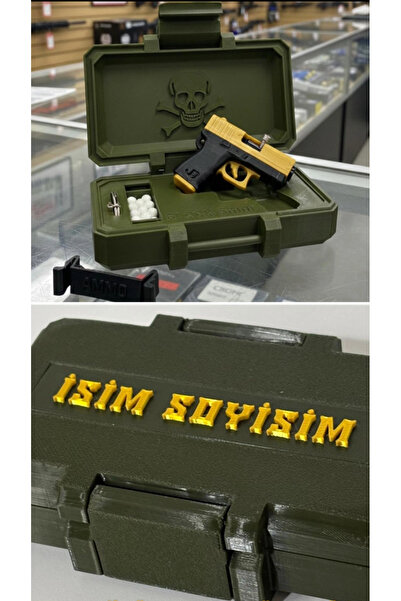 Favori Askeri Silah Sandığı ve Mini Gold Glock Tabanca Anahtarlık Seti! Hediyelik, Kişiye Özel!