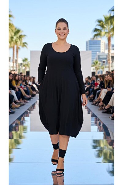 Nidya Moda Büyük Beden Cep Dantel Asimetrik Siyah Elbise-4021s