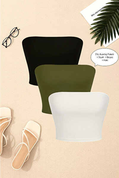 Olyssia Жіночий 3-пакетний комплект без бретелей бюстгальтер-кроп-топ / Еластична елегантна блузка-бандо Basic, що облягає фігуру