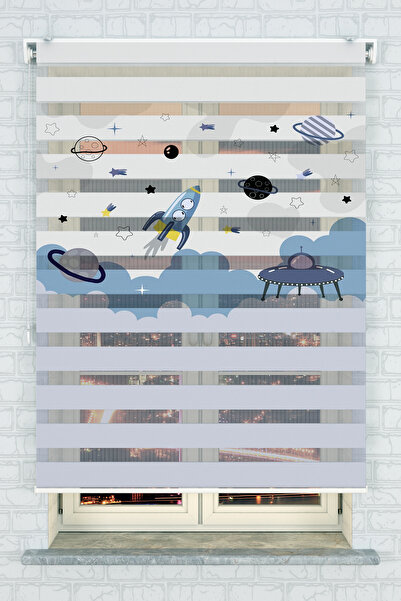 akel collection Roket ve UFO Desenli Zebra Stor Perde - Uzay Temalı Çocuk Oda...