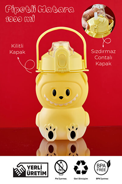 espashome Labubu Water Bottle - 1000 ml Portable with Handle, Straw, Bpa-Free, Lockable and Leak-Proof Lid - Yellow