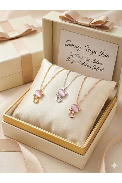 Papatya Silver 925 Ayar Rose Kaplama Ay Taşlı Gümüş Kedi Kolye
