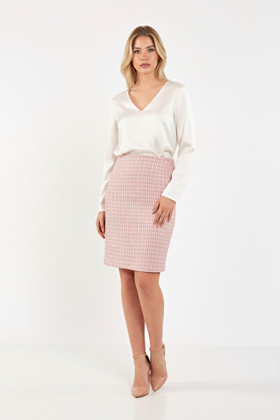 Volanlı Pink Tweed Pencil Skirt
